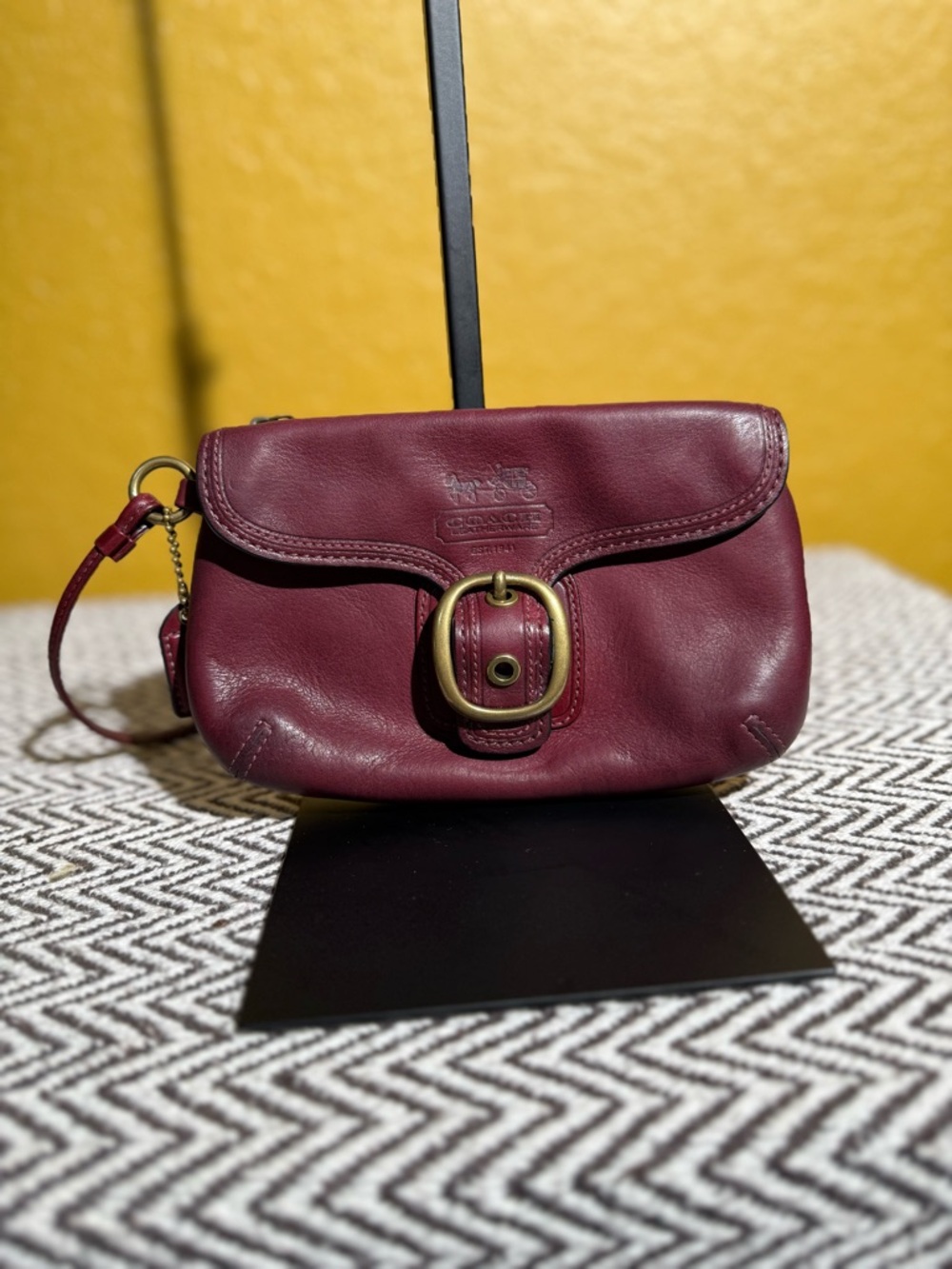 Coach Tattersall Bleecker Burgundy Leather Buckle Wristlet